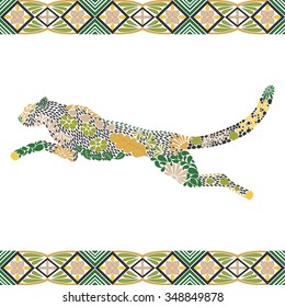 Creative jumping puma pattern made from flowers, leaves in the scandinavian style. Animal print. Vector wildcat illustration