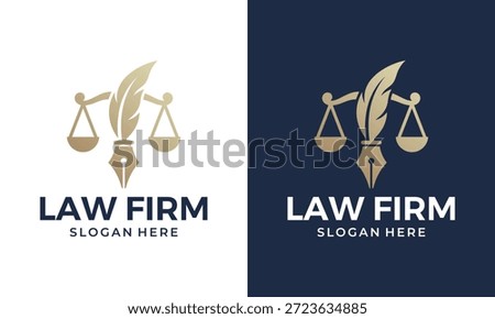 Creative justice logo design template illustration. Abstract scale legal with pen feather design vector icon symbol
