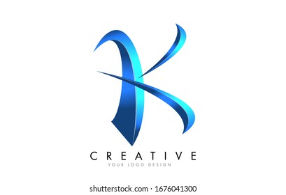 Creative K letter logo with Blue 3D bright Swashes. Blue Swoosh Icon Vector Illustration.