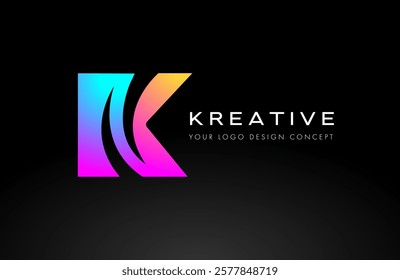 Creative K letter logo design with rainbow colored curved cut shape swoosh style vector Illustration