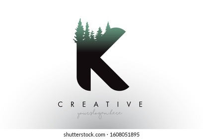 Creative K Letter Logo Idea With Pine Forest Trees. Letter K Design With Pine Tree on TopVector Illustration.