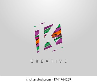 Logo de la carta creativa K. Diseño K inicial geométrico abstracto moderno, hecho de varias tiras de arte pop coloridas  