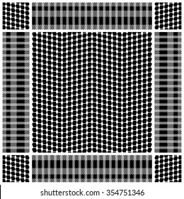 Creative keffiyeh vector pattern with fishing net optical illusion print and stripes. Traditional Middle Eastern headdress. White on black. Backgrounds & textures shop.