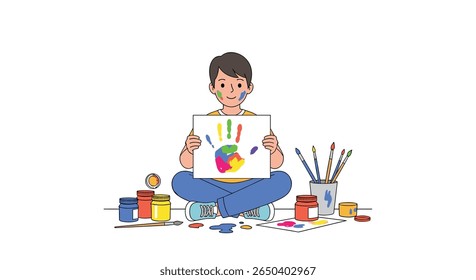 Creative kid artist showcasing colorful handprint artwork amidst art supplies
