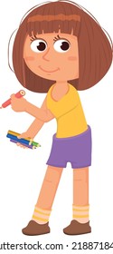 Creative kid character. Cute girl with color pencils