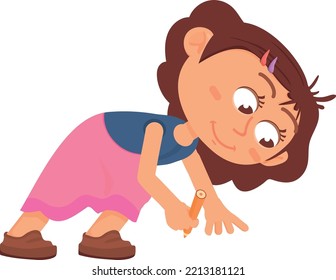 Creative kid character. Girl drawing on floor with crayon