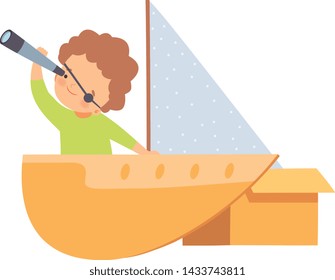 Creative Kid Character Playing Ship Made of Cardboard Boxes, Cute Boy Captain Looking Through Spyglass Cartoon Vector Illustration
