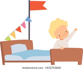 Creative Kid Character Playing Ship Made of Bed Cartoon Vector Illustration