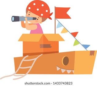 Creative Kid Character Playing Ship Made of Cardboard Boxes, Cute Boy Captain Looking Forward Through Spyglass Cartoon Vector Illustration