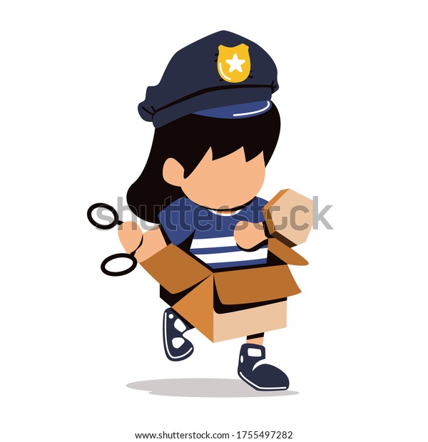 Creative kid playing with cardboard as police vector\
flat illustration isolated on white background. little girl and boy\
drive a police car. Adorable kids play with cardboard wearing\
police hat.