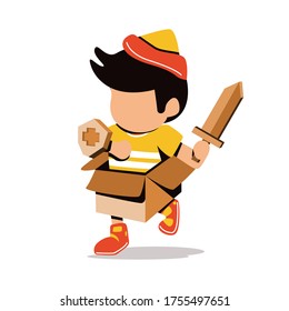 Creative kid playing with sword and shield cardboard vector flat illustration isolated on white background. little boy holding health shield. Adorable kids play with cardboard.