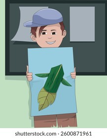 Creative Kid Proudly Presenting His Handcrafted Rocket Made from Leaves on Paper, A Unique and Imaginative Display of Nature Inspired Craftsmanship