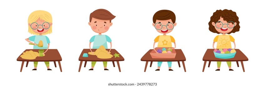 Creative Kid at Table Engaged in Handcraft Activity Vector Set