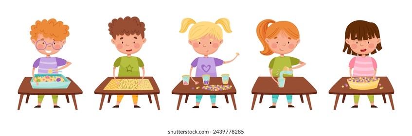 Creative Kid at Table Engaged in Handcraft Activity Vector Set