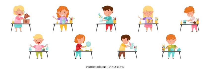 Creative Kid at Table Engaged in Handcraft Activity Recycle Material Vector Set