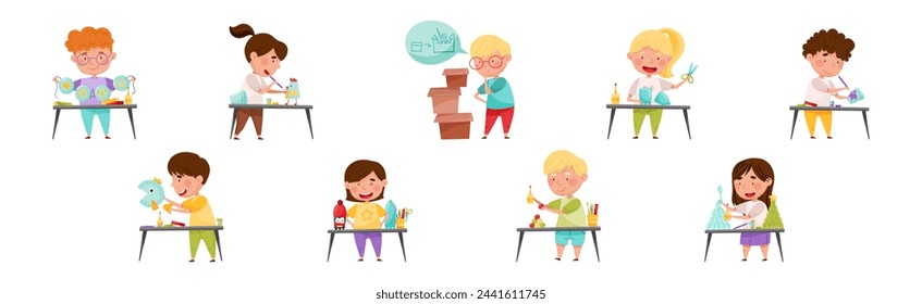 Creative Kid at Table Engaged in Handcraft Activity Recycle Material Vector Set