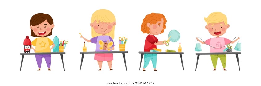 Creative Kid at Table Engaged in Handcraft Activity Recycle Material Vector Set