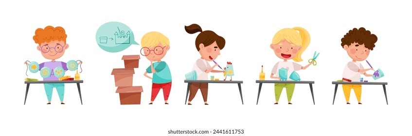 Creative Kid at Table Engaged in Handcraft Activity Recycle Material Vector Set