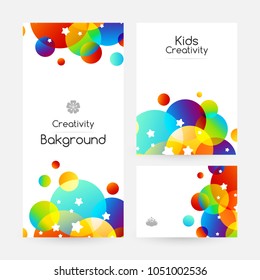 Creative kids backgrounds with colorful bubble decoration and starry texture. Banners collection. Vertical flyer and poster and gift card.