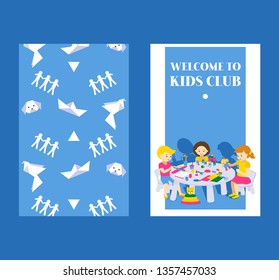 Creative kids banner vector illustration. Girls and boys drawing, painting, cutting paper, sketching. Education and enjoyment concept. Colorful pencils, watercolor. Welcome to kids club.