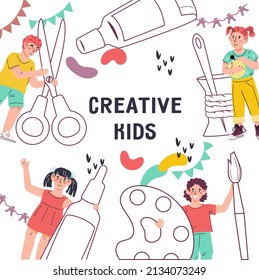 Creative Kids Classes And Craft Lessons Banner Mockup, Flat Cartoon Vector Illustration. Design Of Banner Or Flyer For Children Education And Extracurricular Activity.