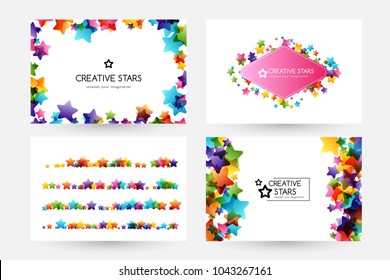 Creative kids design collection. Vector cards with colorful stars,  decoration elements. Horizontal backgrounds, dividers and rhombus frame.