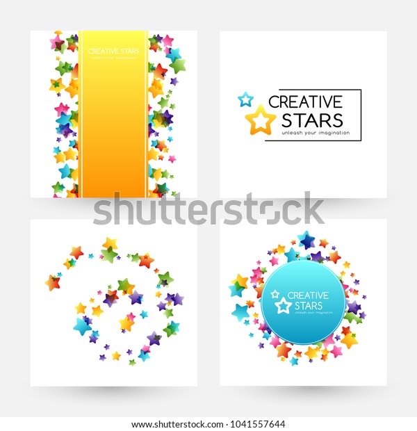 Creative kids design collection. Vector banners\
with colorful stars, decoration elements. Card, label, round frame\
and spiral decor.