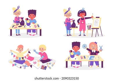 Creative kids doing craft hobbies and arts, set of flat vector illustrations isolated on white background. Children cartoon characters learn from craft and art lessons.