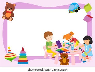 Creative kids frame banner vector illustration. Girls and boys playing, painting, cutting paper, sketching. Education and enjoyment concept. Colorful pencils, watercolor, plasticine.