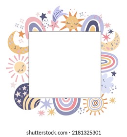 Creative kids hand drawn composition. Frame of cute rainbows, planets, stars and planets. For the design of postcards, posters, invitations, greetings, congratulations. Vector graphics.
