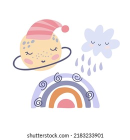Creative kids hand drawn composition. Set of cute planet, rainbow, cloud. For the design of postcards, posters, invitations, greetings, congratulations, prints for t-shirts, mugs. Vector graphics
