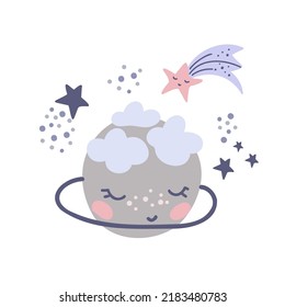 Creative kids hand drawn composition. Set of cute planet, cloud and  stars. For the design of postcards, posters, invitations, greetings, congratulations, prints for t-shirts, mugs. Vector graphics