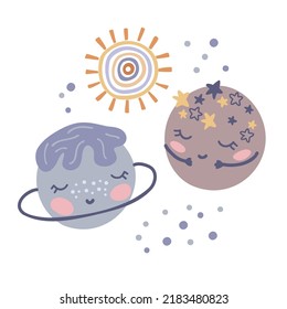 Creative kids hand drawn composition. Set of cute planet, sun and  stars. For the design of postcards, posters, invitations, greetings, congratulations, prints for t-shirts, mugs. Vector graphics