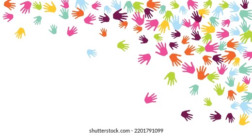 Creative Kids Handprints Nursery Games Concept Background Design. Child Paint Hand Prints Games Background. Children And Adult Handprints, Palms With Five Fingers Isolated.