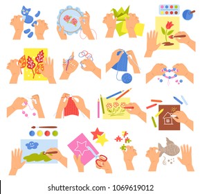 Creative kids hands knitting embroidering folding origami making homemade beads bracelet drawing coloring icons set vector illustration 