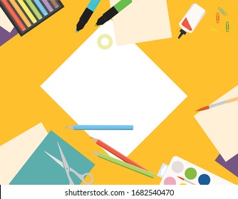 Kreative Kinder Labortisch mit Draufsicht. Malerei, Schneiden von Papier und Skizze. Vektorillustration