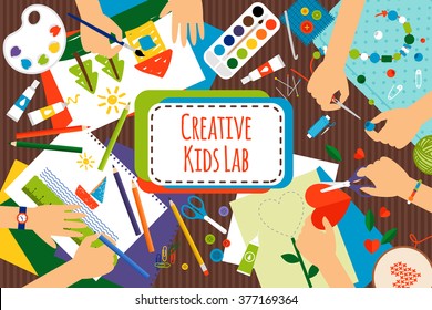 Creative kids lab, top view table with creative kids hands. Cutting paper, painting and sketching. Vector illustration