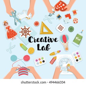 Creative kids lab, top view table with creative kids hands. Cutting paper, painting and sketching, knitting, embroidery, applique, sawing. Vector illustration of kids creative workshop