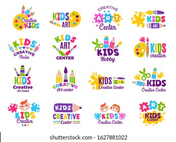 Creative Kids Logo. Craft And Painting Creativity Class For Children Identity Vector Emblems Collection