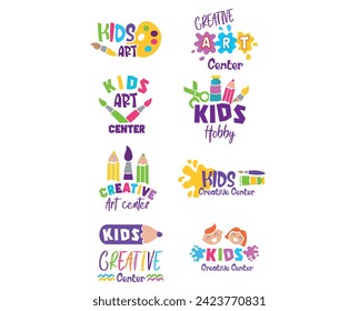 Logo de niños creativos. Clase de creatividad de dibujo y pintura para niños colección de emblemas de vectores de identidad infantil