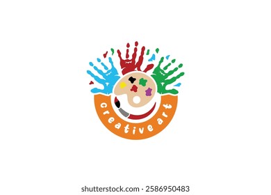 Creative kids logo design with palm print painting ink palette icon symbol