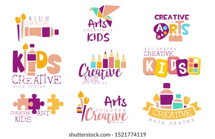 Creative Kids Logo Set, Arts Centre Colorful Labels Vector Illustration