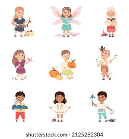 Creative Kids Making Handcrafted Item Cutting with Scissors, Paper Crafting and Glueing Applique Vector Set