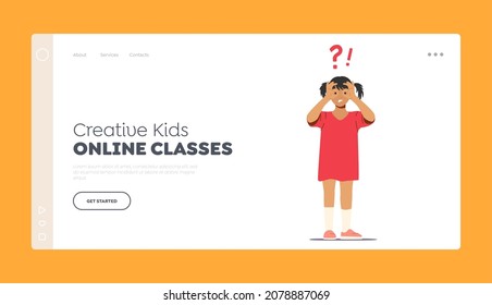 Creative Kids Online Classes Landing Page Template. Little Girl Character Stand Under Question and Exclamation Mark Looking through Binoculars of Fingers, Search Solution. Cartoon Vector Illustration