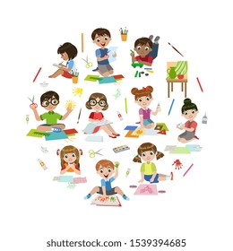 Creative Kids Painting, Modelling from Plasticine, Cutting with Scssors, Children Education and Development in the Round Shape Vector Illustration