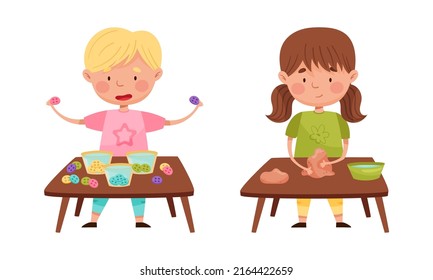 Creative kids playing Montessori educational games set. Boy and girl playing with colorful buttons and clay cartoon vector illustration