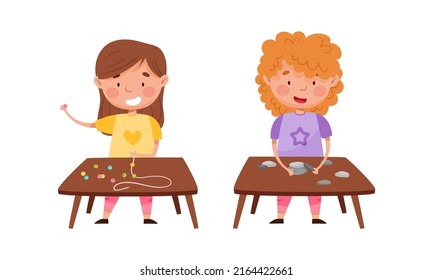 Creative kids playing Montessori educational games set. Cute girl playing with beads and stones cartoon vector illustration