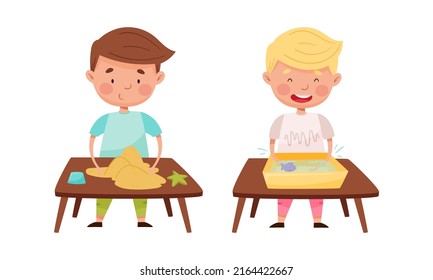 Creative kids playing Montessori educational games set. Boys playing and experimenting with sand and water cartoon vector illustration