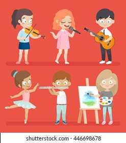 Creative kids playing musical instruments, dancing, painting, playing and singing.