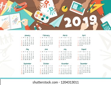 Creative kids at school calendar 2019: happy children studying and playing together